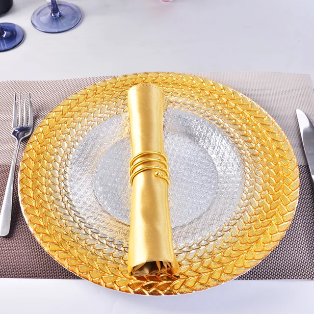 Gradient gold wheat grain pattern glass plate, gift, 13 inch glass charger plate