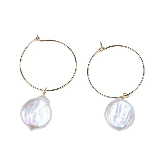 Simple & Dainty Single Cultured Coin Pearl Gold Hoop Earrings,DKL013
