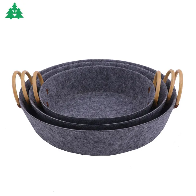 Thermoforming felt basket, felt storage basket, fruit basket,candy basket,office storage basket with rattan handle