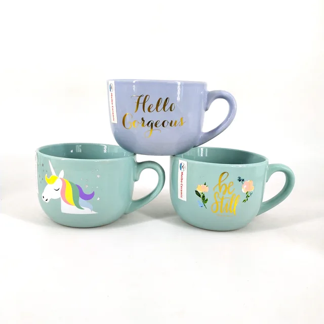 20oz solid color glazed soup mug with decal