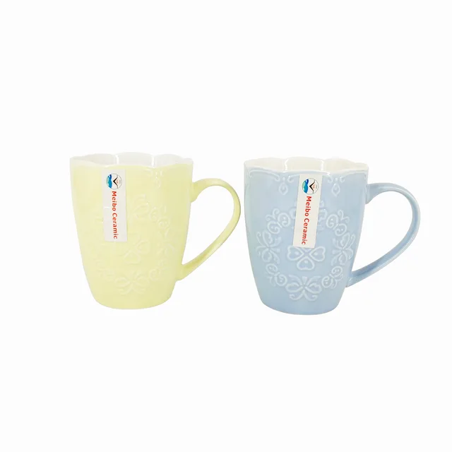 350ml new shape two tone color glazed new bone china embossed mug