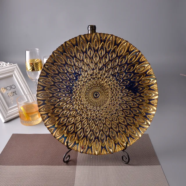 Blue and gold peacock pattern glass charger plate, large diameter cake stand
