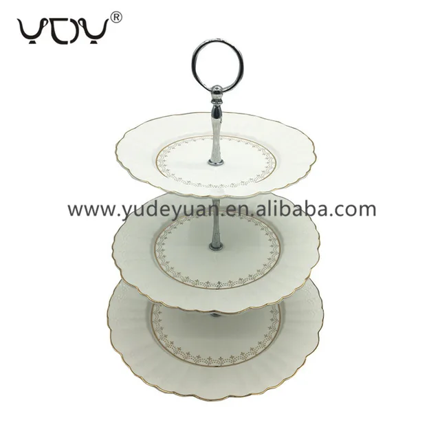 Silver metal round gold rim afternoon tea wedding 3 tier cake stand set