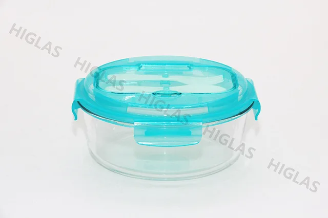1.2l Round Borosilicate Glass Food Container With Pp Lid With Fork&spoon