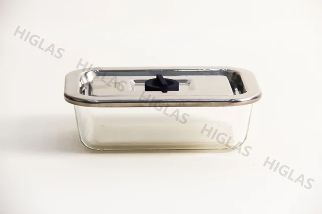 0.8l Rect. Borosilicate Glass Food Container With Stainliess Steel Lid With Vent