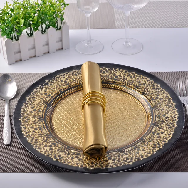 Vintage black and gold glass charger plates, kitchen utensils