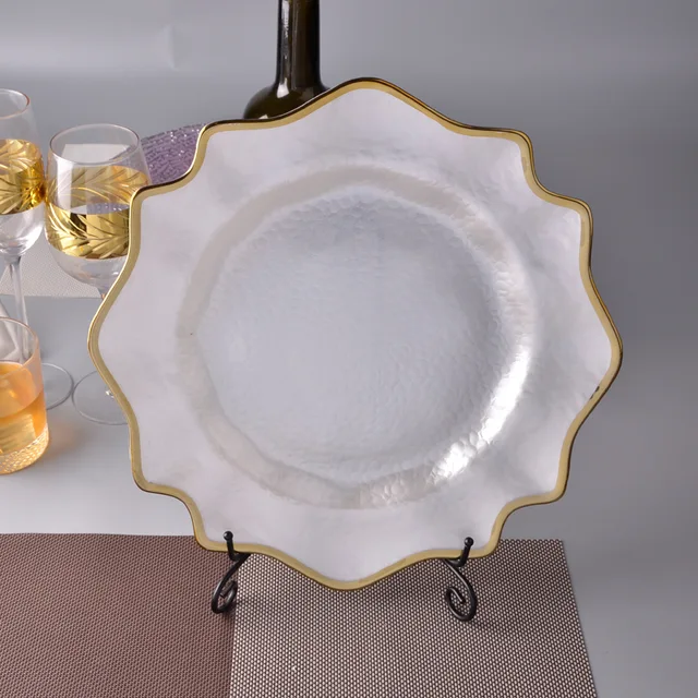 Sunflower round glass charger plate，white glass charger plate with gold rim
