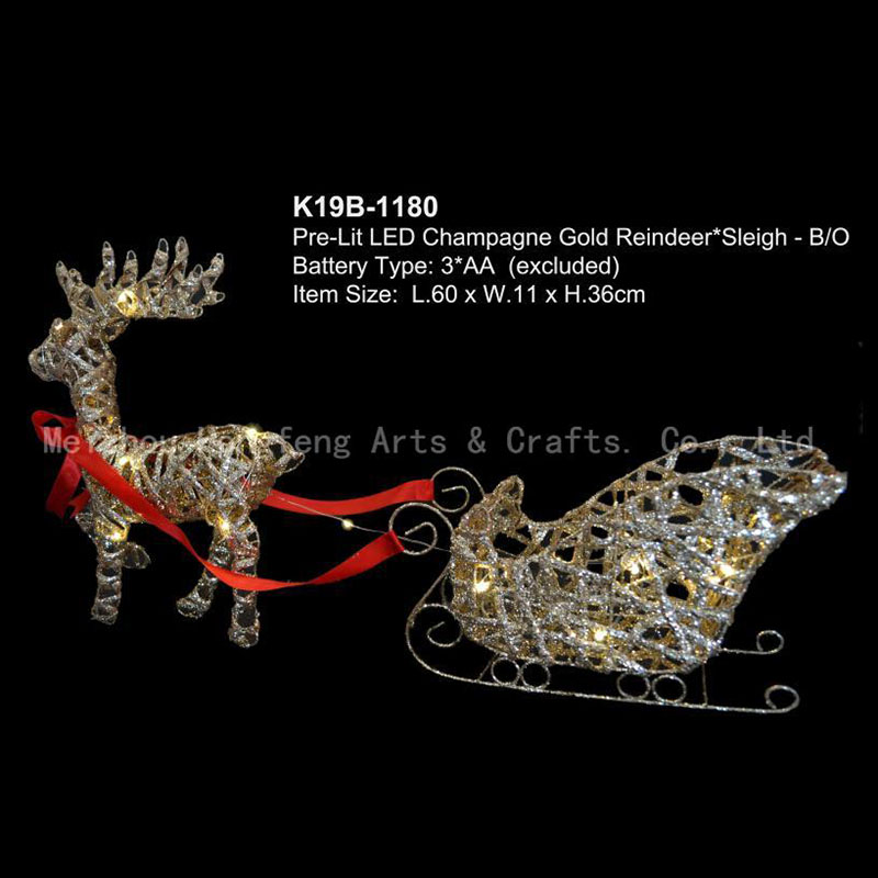 Battery Operated Small Reindeer & Sleigh Christmas Light Up Decoration, with 20 copper wire warm white LED lights, Indoor used for windowsill or table top decor.