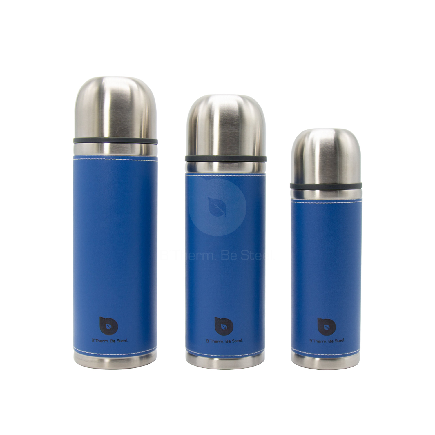 Stainless Steel Thermos Bullet Shape Vacuum Flask with Leather Sleeve 500-1000 ml Navy Blue