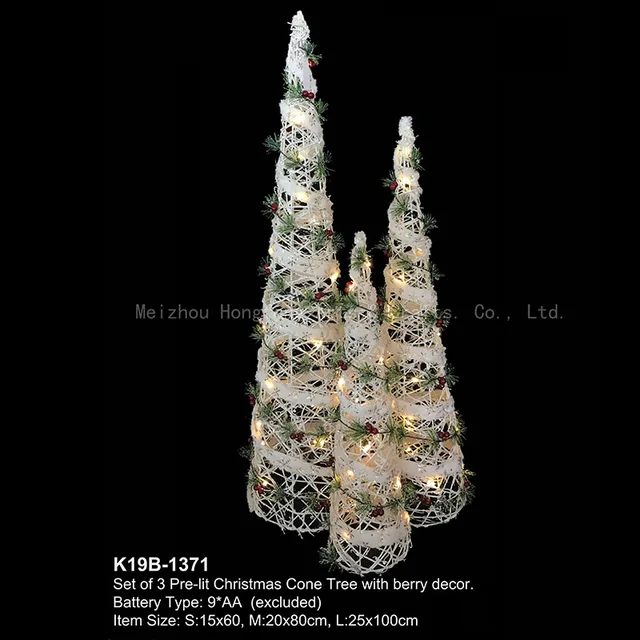 23”/31”/39” Large Set of 3 White Plastic Rattan Tree Cones With 55 Copper Wire LED lights – Battery Operated, Holiday Decoration for Patio, Lawn & Garden.