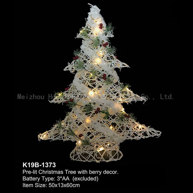 23” Large White Plastic Rattan X’mas Tree Decorated with Berry Décor. and Glitters， 25 Copper Wire LED lights – Battery Operate