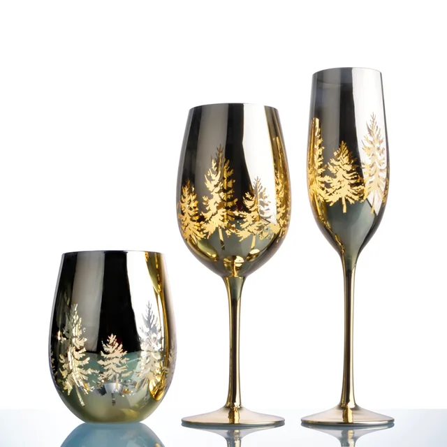Golden Christmas tree wine glass set of three, glass champagne mug glass set