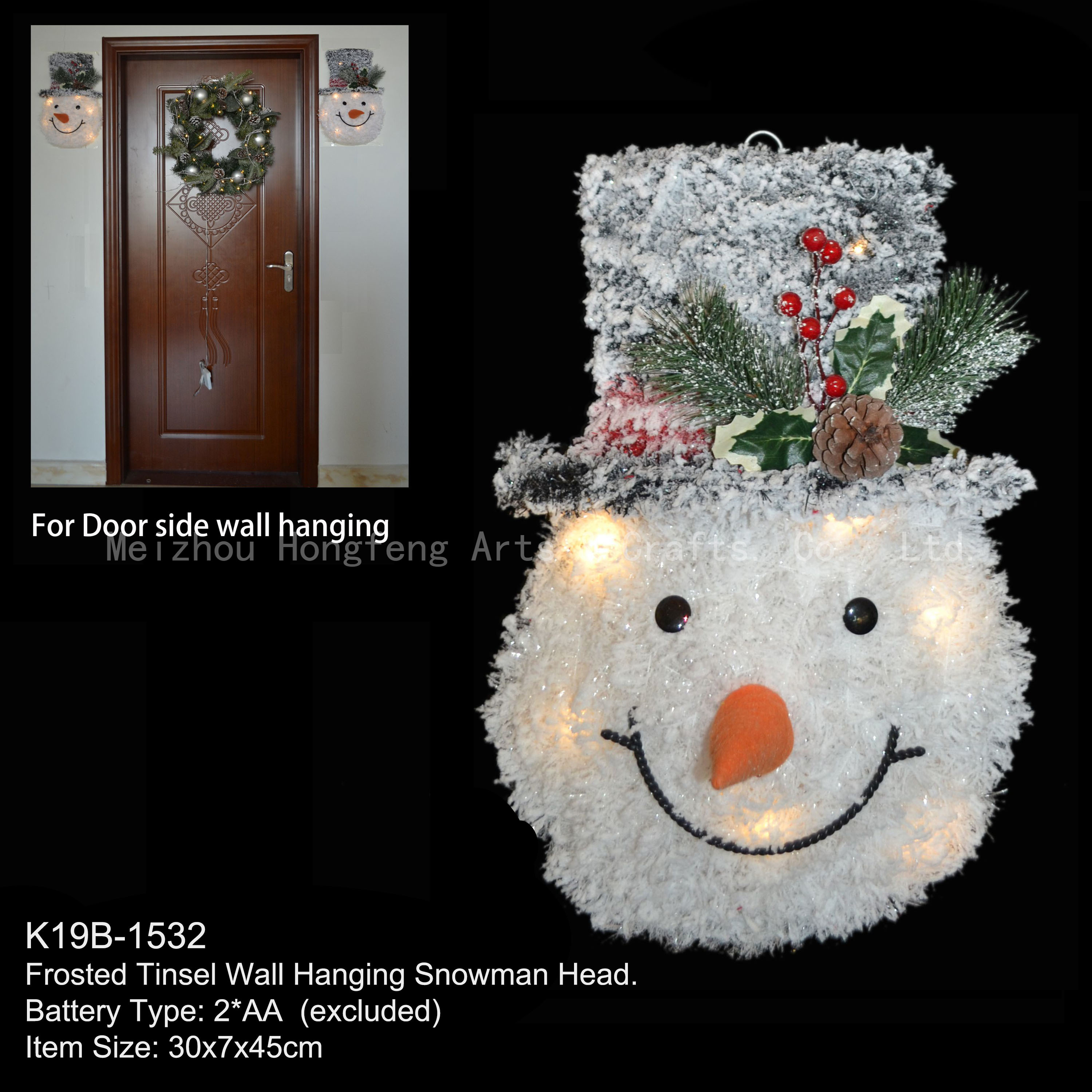 17”H. White Tinsel Frosted Fuzzy Wall Hanging Snowman Head，Illuminated with 10 long lasting LED lights, Battery Operated. Christmas Seasonal Holiday Décor, Handmade Arts & Crafts.