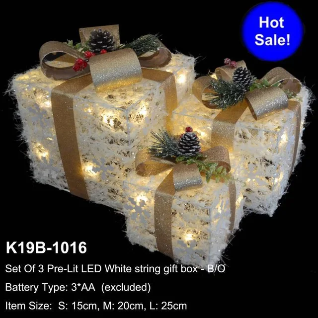 Set of 3 Pre lit white string Christmas Holiday gift box with LED lights,Holiday Decoration for Patio, Lawn & Garden xmas