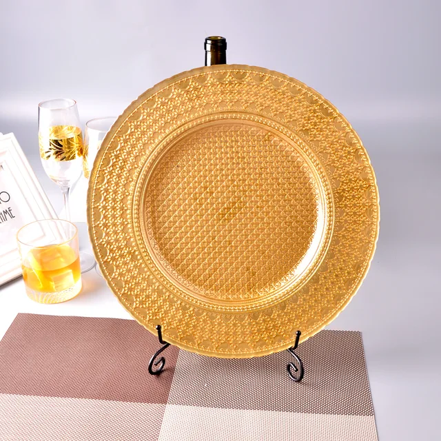 Spray gold charger plate, glass dinner plate, glass fruit plate, glass cake plate, cushion charger plate