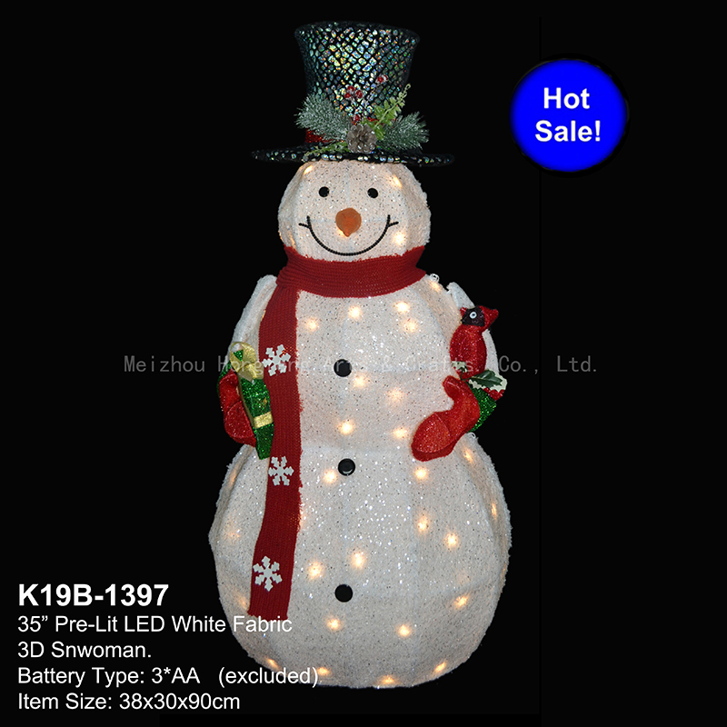 35”H. Pre-Lit White Fabric Christmas 3D Snowman with 40 Warm White LED lights, Yard Art Figures Decoration for Indoor or Outdoor Use xmas