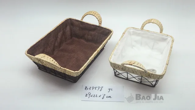 Rectangular water hyacinth and wire basket with fabric lining