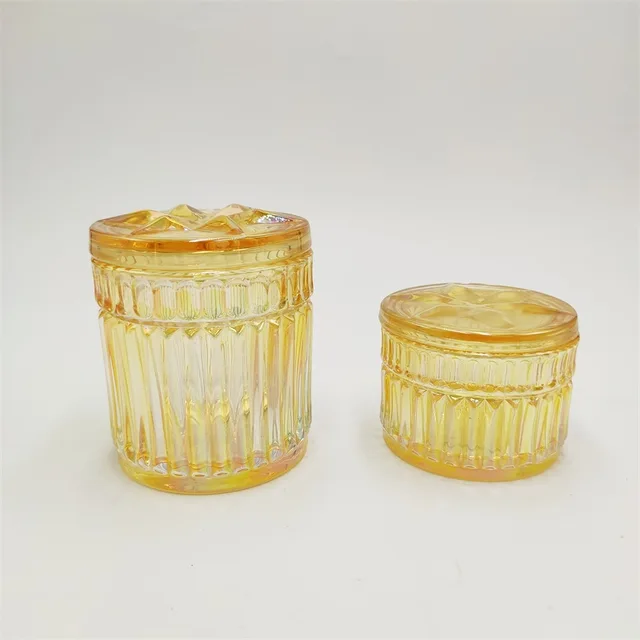 Yellow pearl finish glass candle jar with glass lid