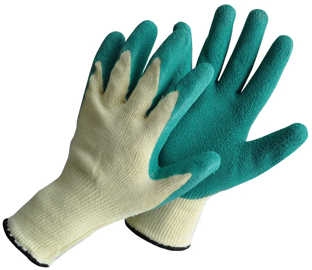 Polyester string knitted seamless glove, with latex coating, crinkle finish,
