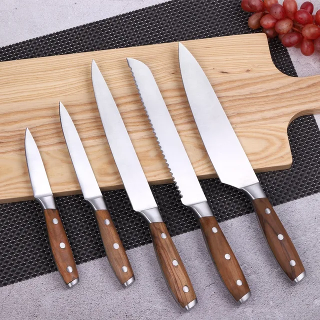 Eco-friendly High Quality 5PCS Stainless Steel Kitchen Chef Knife Set With Olive Wood Handle