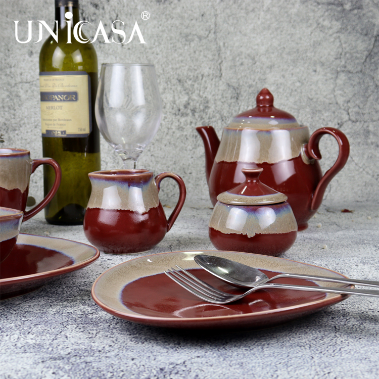 Best Selling Ceramic Dinnerware Serving Plates in Red Reactive Dinner plate Side plate bowl and mug