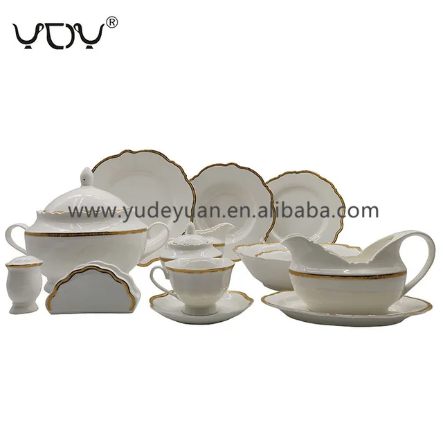 Wholesale Royal Flower Shape English Gold Rim Porcelain 61pcs Dinner Set