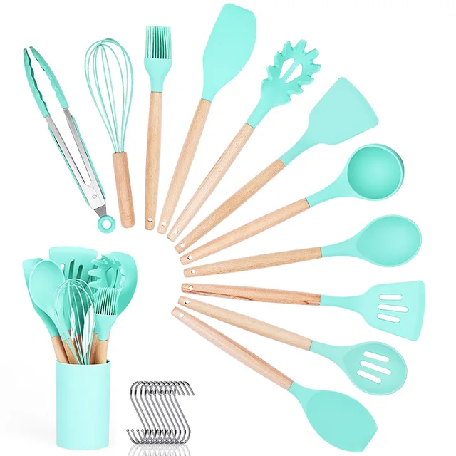 Amazon 12 Pcs kitchen utensil set heat-resistant cooking tool sets wood handle silicon kitchen set for home and kitchen