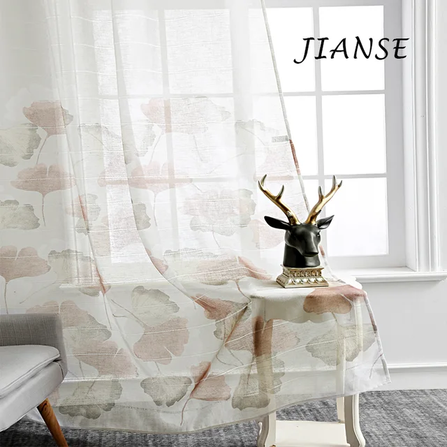CURTAIN A3871 Ginkgo leaf printing stripe curtain fabric light curtain for living room curtain manufacture