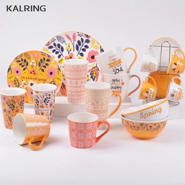 Ceramic dinner set with mug plate bowl and coffee set with light flower desgin