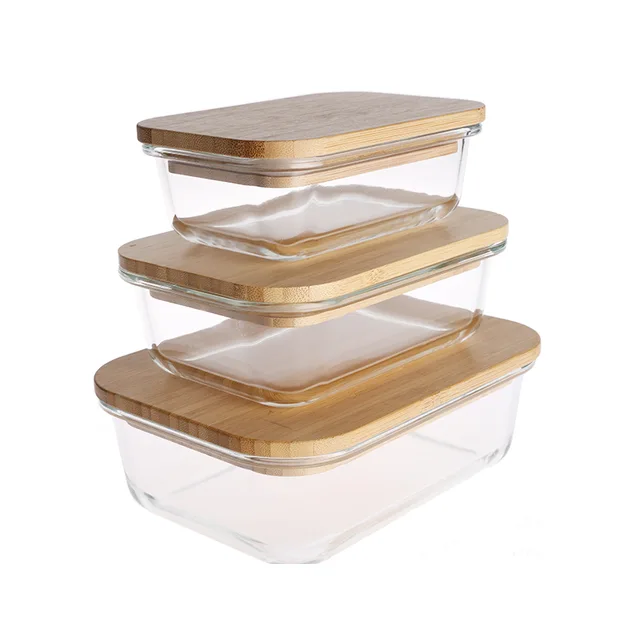 Heat resistant glass food container with bamboo lid