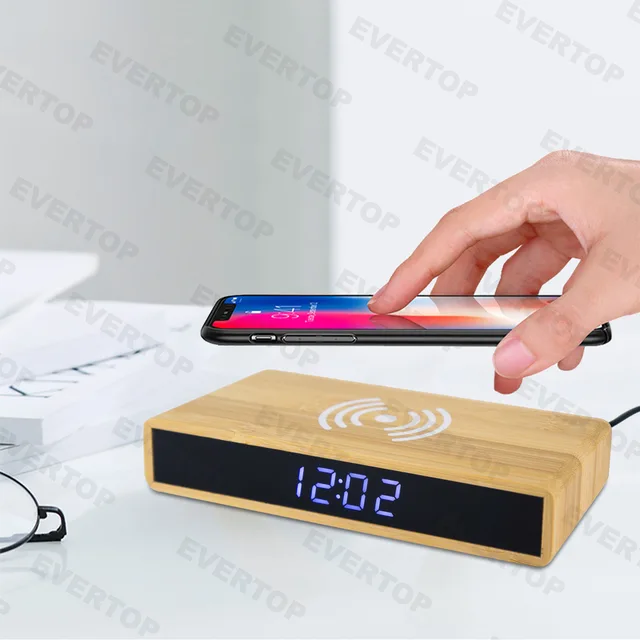 Bamboo Wireless Phone Charge With LED Table Clock Et5028