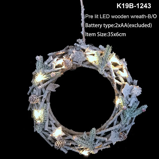 Pre-Lit natural wooden Christmas wreath with 10 Warm White LED lights, Yard Art Figures Decoration for Indoor or Outdoor Use