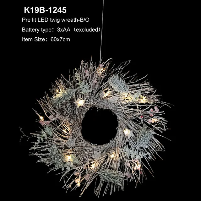 Pre-Lit natural twig Christmas wreath with 15 Warm White LED lights, Yard Art Figures Decoration for Indoor or Outdoor Use