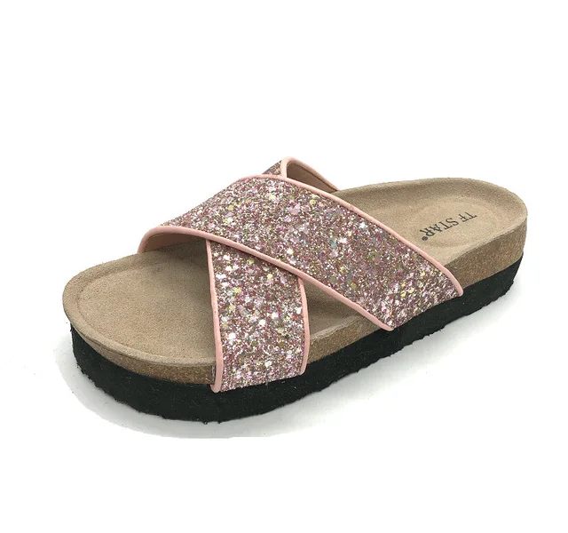 Ladies Stylish Shining Straps Adjustable Buckle Cork Sandals Thick Outsole