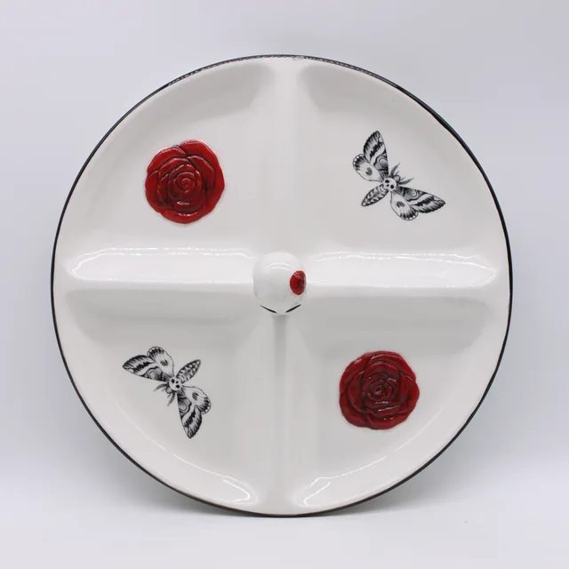 Ceramic Halloween 4 Section Plate, Hand-painted Ceramic Skull 4 Section Plate