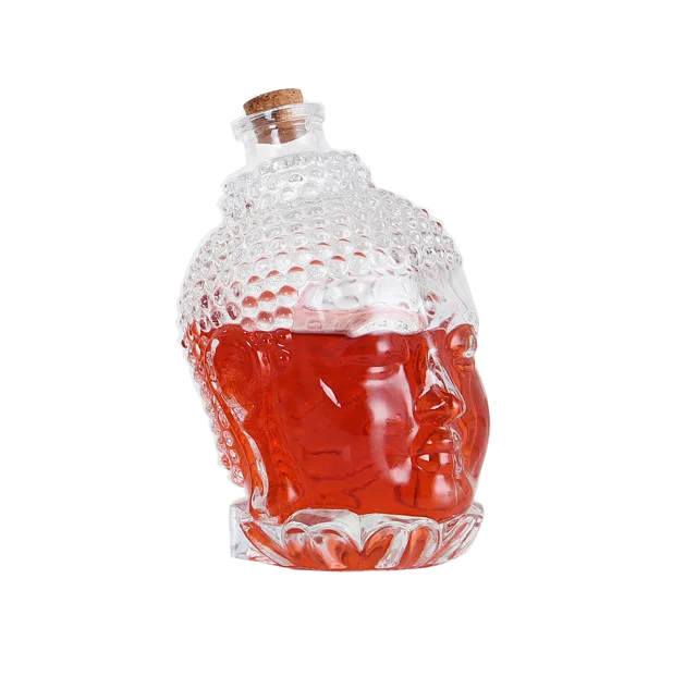 China Wholesale creative wine bottle 750ml Buddha Head Shape Glass Wine Bottles