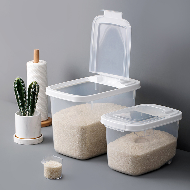 Plastic PP material clear cereal or rice bucket storage bin or panty storage container with wheels and measuring cup