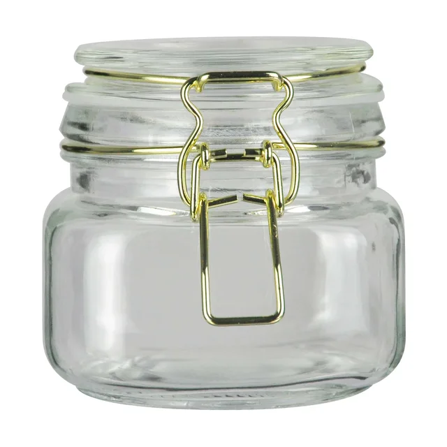 Clip top jar, golden stainless steel wire, machine pressed glass lid