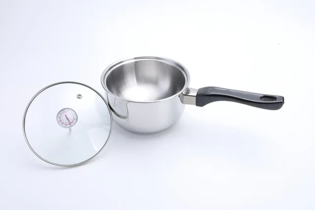 Stainless steel double bolier for milk ,glass lid with thermometer