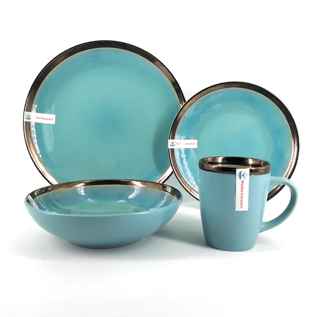 Stoneware solid color reactive glazed with golden line 16pcs dinner set