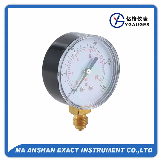 Dry pressure gauge, bottom connection, black steel/plastic case, brass connection