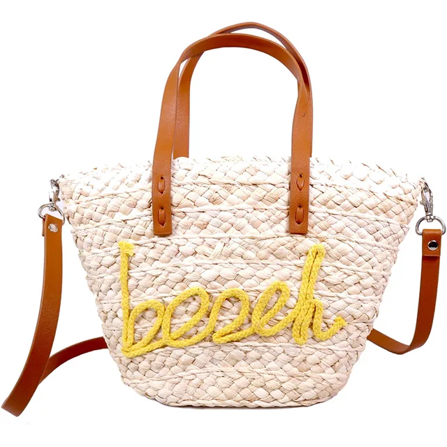 Natual corn husk crocheted cotton rope words detail beach bag