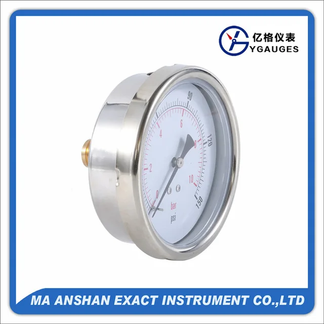 Glycerine filled pressure gauge, bayonet type, back connection, 304 stainless steel case, brass connection