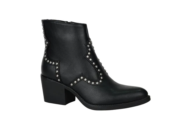 Women fashion low heels pointed toe ankle boots with rivits on whole shoes in balck PU BS192JB012