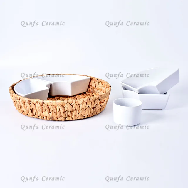 2020 Ceramic white lazy susan ceramic divided plate