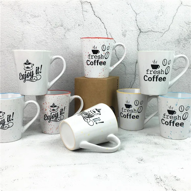 Latest Stoneware Mug with print and speckle with colored rim for home restaurant 360 ml 13OZ coffee mug ceramic mug