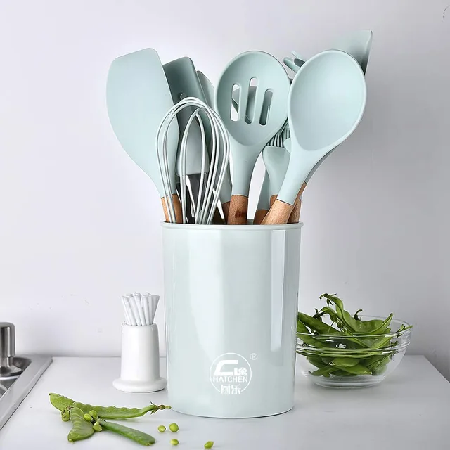 12pcs rubber wood handle silicone kitchen utensils