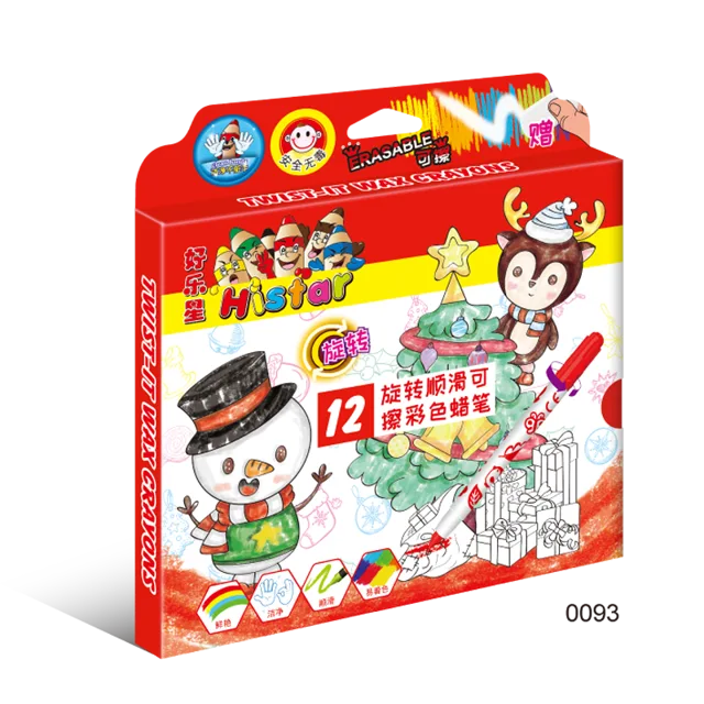 12 twistable wax crayons in paper box with eraser