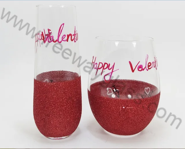 Stemless champagne glass and stemless wine glass with Red glitter hand-painted