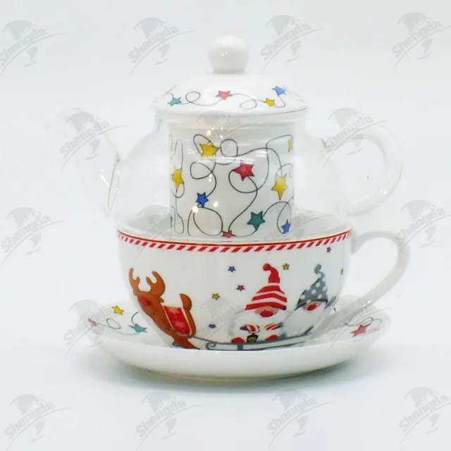 Glass Tea For One with Blue Design